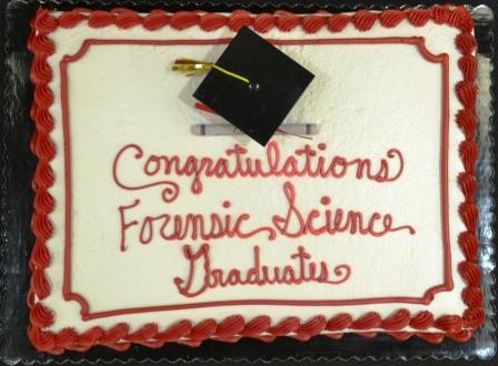 A cake congratulating Forensic Science graduates. Links to larger image.